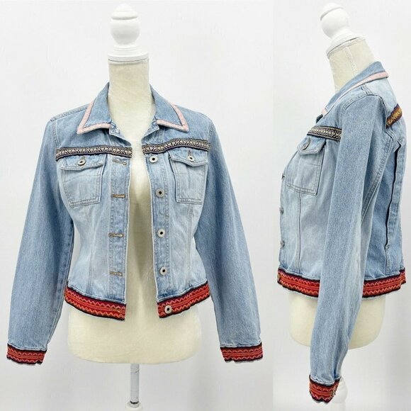 Guess Vintage 80s Denim Jean Jacket Tribal Embroidered Trim USA Made - Picture 1 of 12